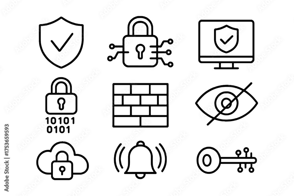 Set of 9 thin line editable icons for cybersecurity and protection ...