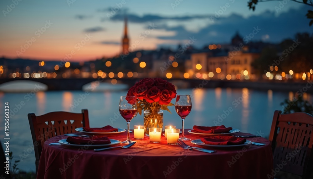 Romantic riverside dinner table set with wine glasses and red roses for ...
