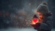 © vetrana - Young girl holding glowing lantern with heart symbol in snowy winter landscape at night