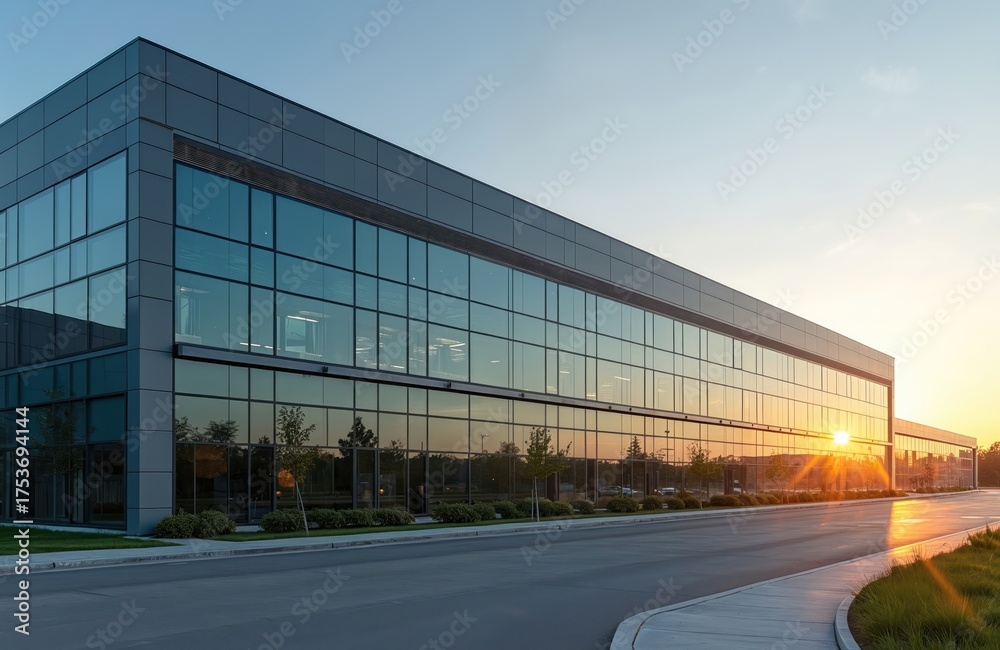 Exterior shot presents modern building with glass facade at sunset ...