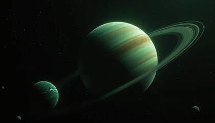 Wall Mural - Artistic photo of green planet with rings, several moons floating in deep space. Celestial body with starfield background shows distant galaxies. Fantasy world concept for digital art, sci-fi