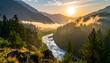 © Brodus - A stunning mountain landscape at sunrise features a meandering river valley, with golden light filtering through the misty air and evergreen forests