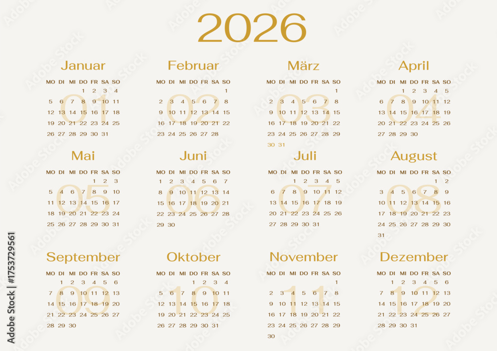German 2026 year calendar template horizontal page with 12 month