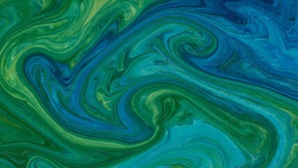 Poster - Serpentine patterns of flowing liquid in natural greens and blues, forming a mesmerizing, seamlessly looping video liquid, green, artistic