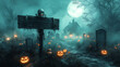 © AltisArt - Foggy Halloween Cemetery with Pumpkins, Skull, and Full Moon