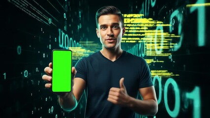 Man presenting a smartphone with a green screen. Digital background with binary code and data. Technology and app demonstration concept. Copy space for custom content