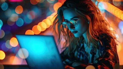 Wall Mural - A female millennial looking intently at her laptop screen in the evening, with a blurred city lights background and a colorful bokeh effect.