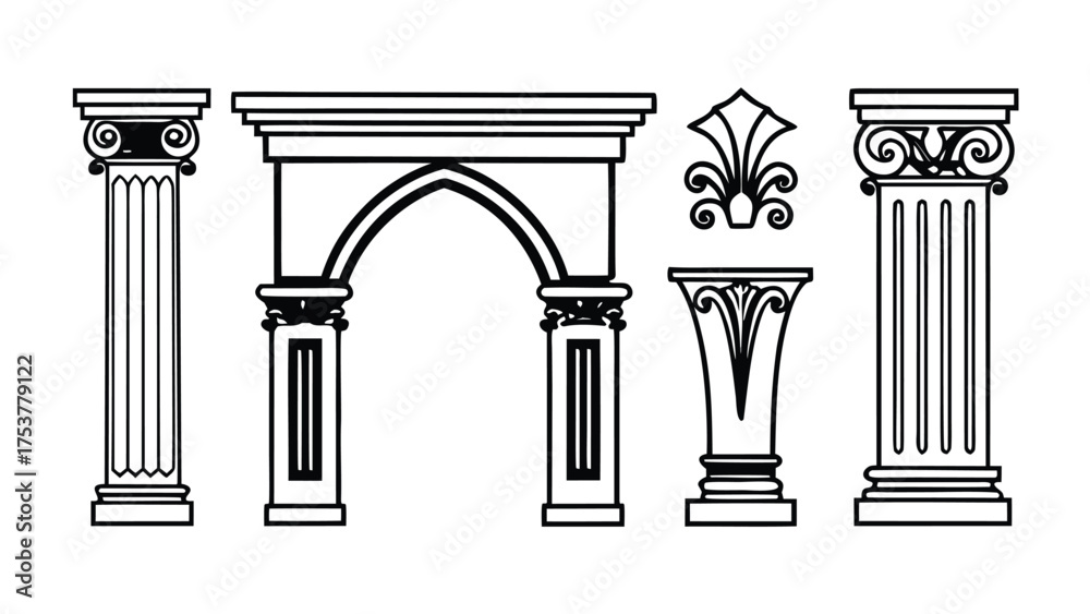 Architectural Motifs, Classical elements Blocks Design Vector Line Art ...