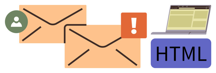 Two envelopes with user and alert icons, HTML coding, and laptop interface. Ideal for email alert, web design, communication, notification system, coding workflow, user interaction simple flat