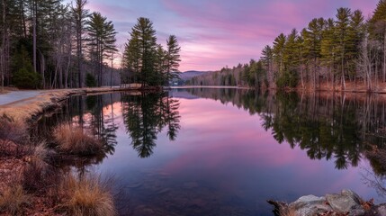 Wall Mural - Serene Lake Reflection at Dusk with Colorful Sky and Lush Pine Trees Along Shoreline in Tranquil Natural Landscape