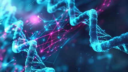 Wall Mural - A blue and pink DNA strand with a purple line. The strand is made up of many small lines