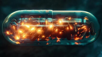 Wall Mural - A pill is shown with a hole in it and a bunch of small glowing objects inside. The pill is in a glass container