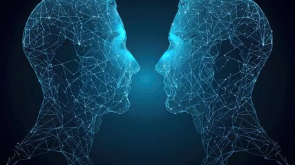 Wall Mural - The  features two heads in a digital communication context with glowing blue and white elements.