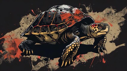 Wall Mural - High-resolution digital artwork of a turtle with dramatic shell markings and splashes of red.