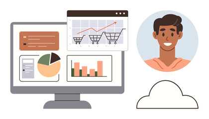 Wall Mural - Computer screen displaying charts, graphs, and data visuals alongside a user profile and cloud icon. Ideal for data management, e-commerce, cloud computing, user experience, technology, business