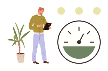 Wall Mural - Man checking tablet, potted plant, large speedometer with green section, and yellow dots. Ideal for time management, productivity, data tracking, goal setting efficiency progress focus. Simple