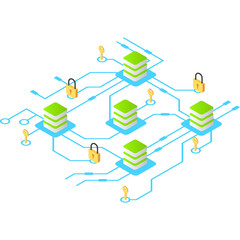 Wall Mural - Isometric digital network diagram with interconnected nodes secured by padlocks and keys on a white background featuring green and blue elements