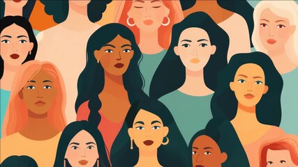 Wall Mural - A vibrant, stylized  of a diverse group of women's faces against a colorful background.