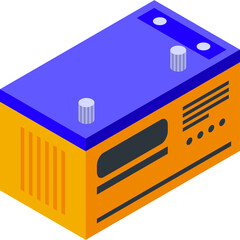 Wall Mural - Isometric electronic device with blue and orange casing featuring vents and indicator lights on a transparent background