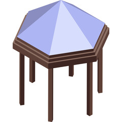 Isometric hexagonal display table with four wooden legs and a light blue faceted top on a transparent background ideal for presentations and exhibitions