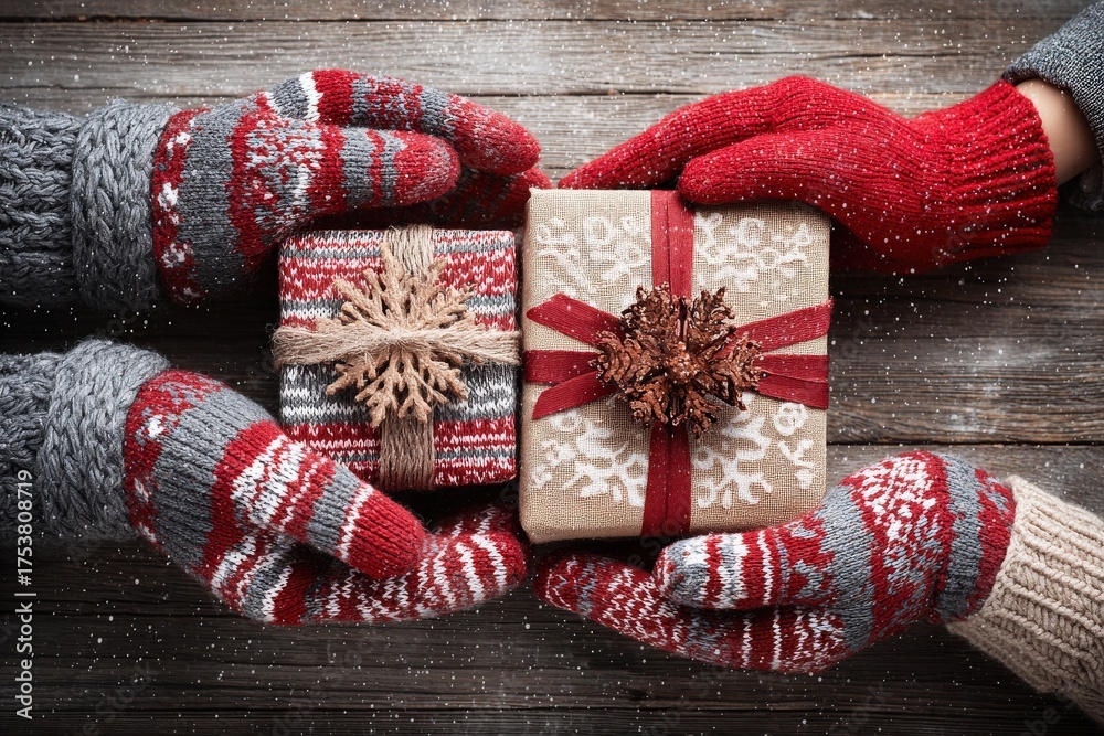 Two pairs of hands, wearing cozy gloves, hold festive gifts tied with ribbons while snow softly falls. This moment captures the warmth of giving during the winter season.