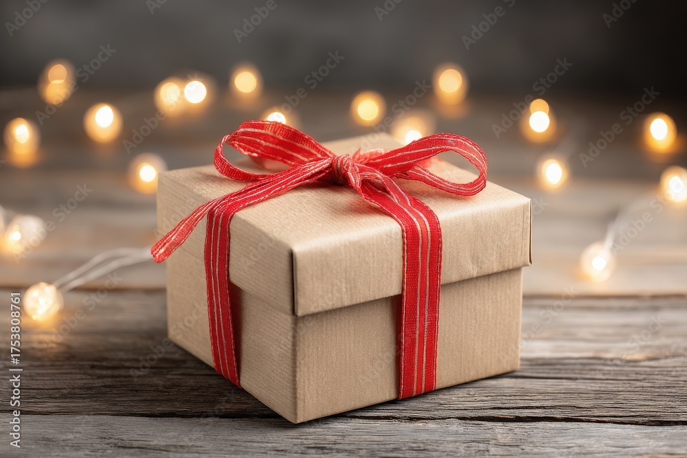 A small gift box with a red ribbon sits on a wooden surface, illuminated by soft, glowing lights in the background. The warm atmosphere suggests a festive or celebratory occasion.