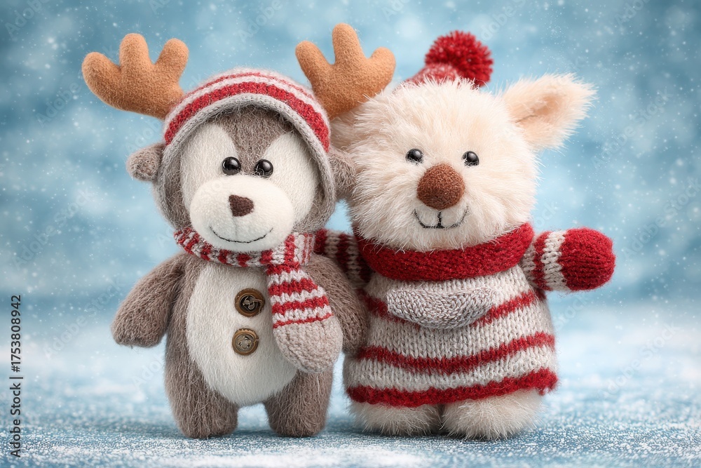 Two adorable plush toys stand together, showcasing festive designs. One is a reindeer with antlers and a striped scarf, while the other is a bear in a cozy outfit. Soft snowflakes fall around them.