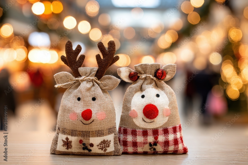 Two cheerful cloth bags with reindeer and snowman designs sit on a table. The background is a soft, warm bokeh from holiday lights in a shopping mall, suggesting a festive atmosphere.