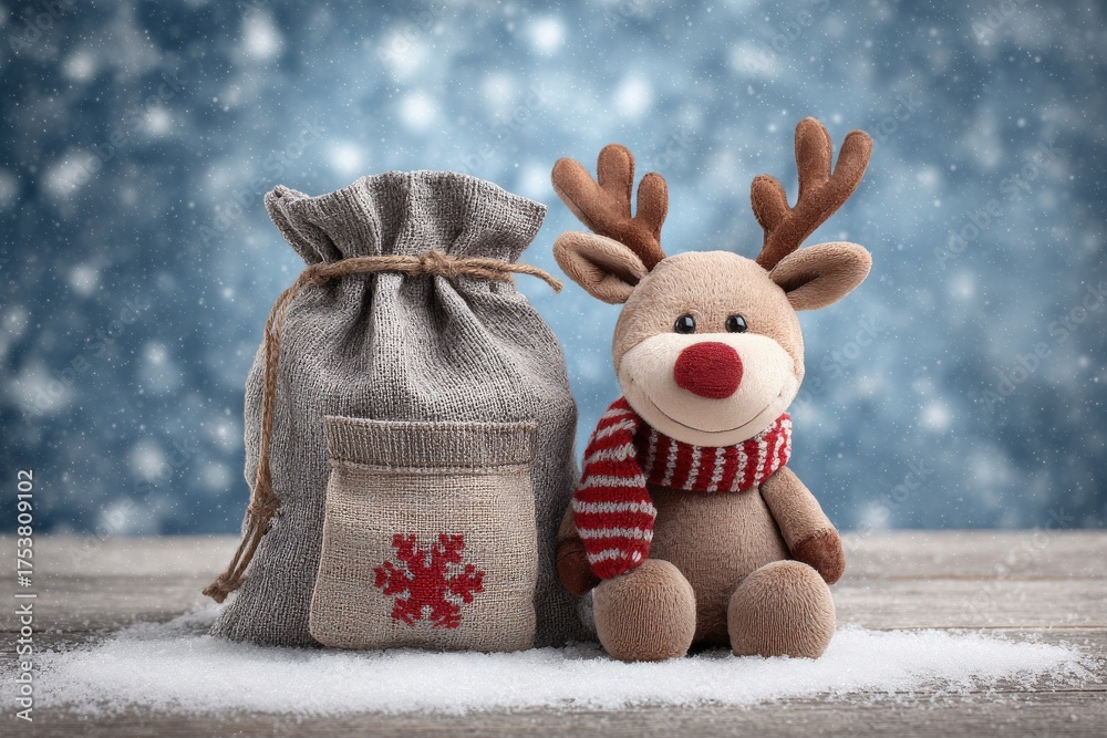 A cheerful stuffed reindeer with a red nose and scarf sits next to a fabric gift bag in a snowy setting. The background shows falling snowflakes, creating a cozy holiday atmosphere.