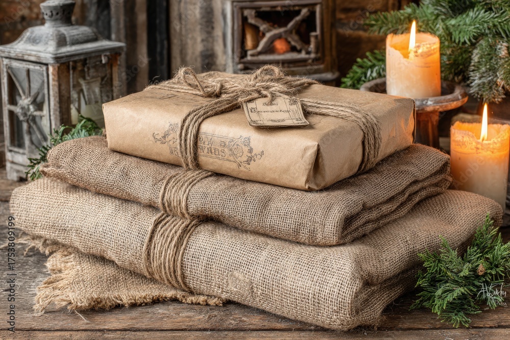 Three neatly wrapped gifts sit on a wooden table, accompanied by soft candlelight and greenery. The rustic wrapping and natural textures create a warm and inviting atmosphere perfect for the season.