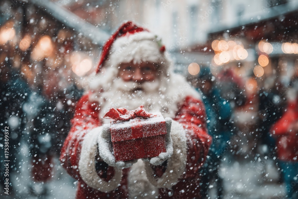 Snowflakes gently fall as a cheerful Santa Claus presents a wrapped gift. The busy holiday market is alive with colorful lights and joyful visitors, creating a warm festive atmosphere.
