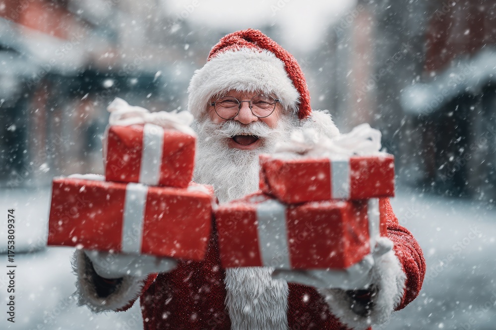 Santa Claus stands in a snowy street, smiling as he holds brightly wrapped gifts. The festive atmosphere captures the spirit of Christmas. Snowflakes gently fall around him.