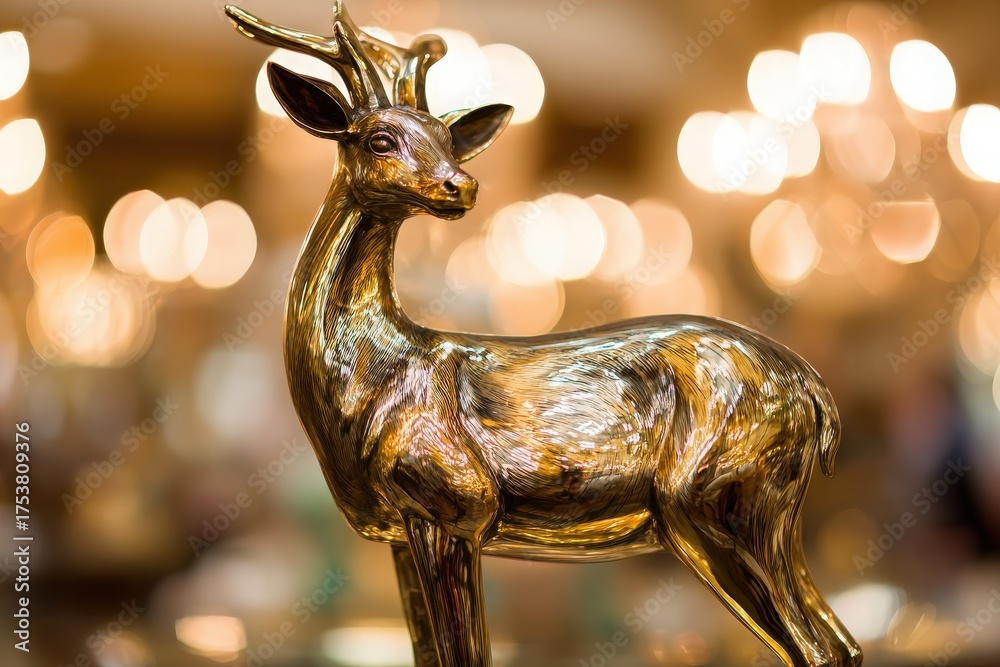 A stunning bronze deer sculpture stands proudly, showcasing intricate details and craftsmanship. The warm bokeh background creates a magical atmosphere, enhancing the beauty of the artwork.