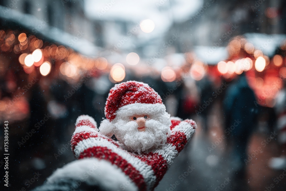 A person holds a small Santa ornament, wearing festive gloves, in a bustling holiday market. Lights and decorations create a warm, inviting atmosphere as shoppers enjoy seasonal activities.