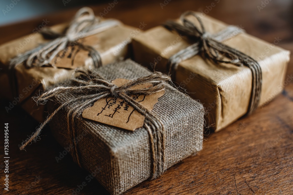 Three small gift packages are arranged on a wooden table. The gifts are wrapped in brown paper and burlap, tied with string, and feature handwritten tags, giving a rustic, thoughtful appearance.