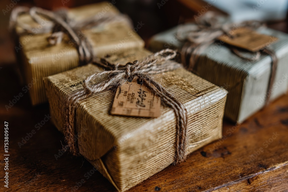 Three elegantly wrapped gifts sit on a wooden table. Each package features natural twine and rustic tags, enhancing the cozy and thoughtful feeling of gift-giving.