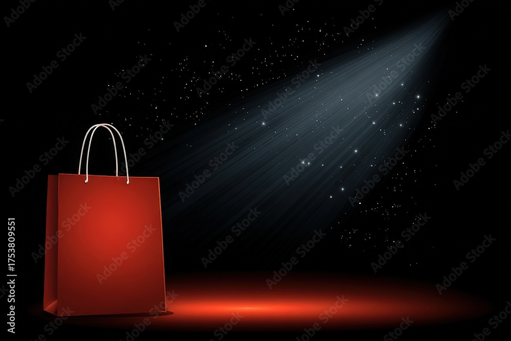A bright red shopping bag stands alone in a dark area, illuminated by a spotlight. Sparkling light particles float around, creating a magical atmosphere.