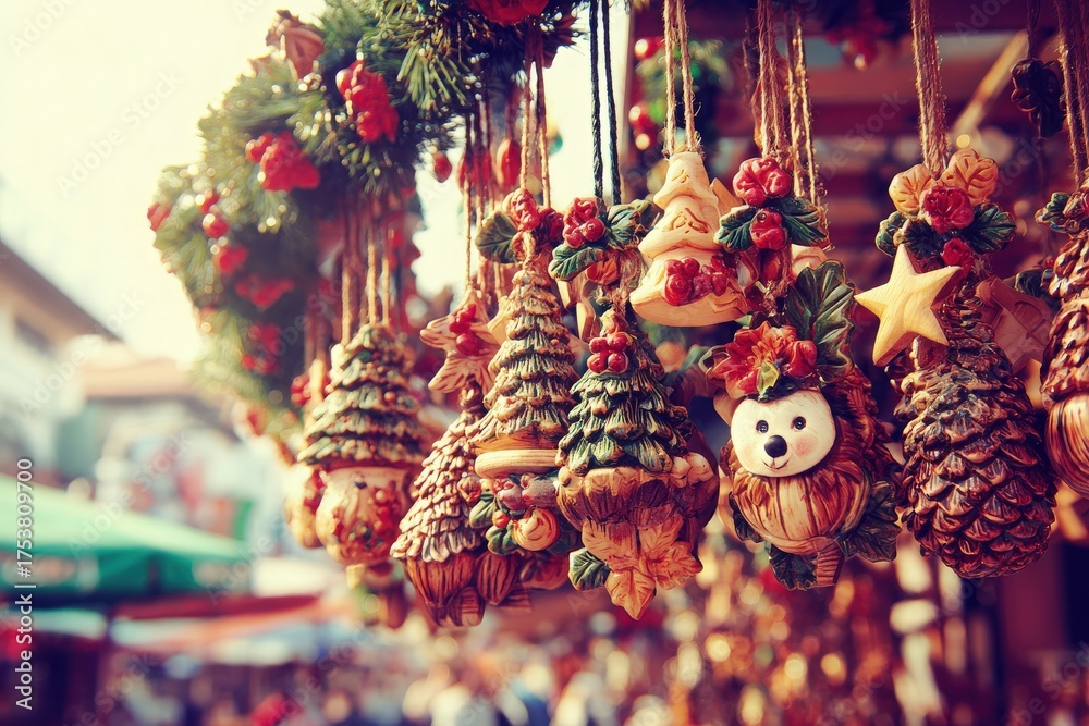 Festive market scene filled with vibrant handmade Christmas ornaments like trees, stars, and animals.