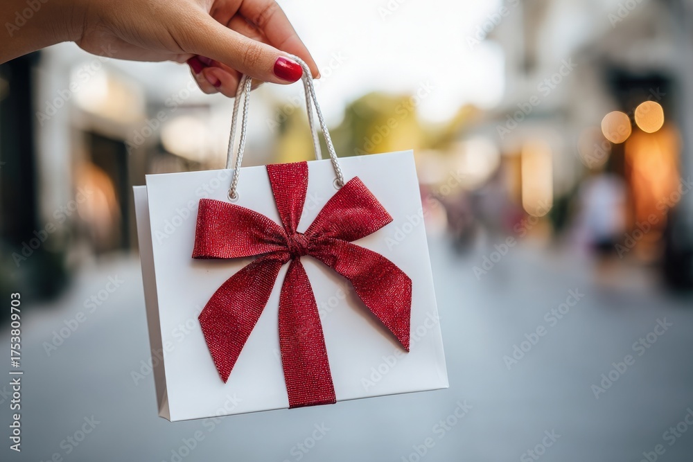 A hand grips a small, elegantly wrapped gift bag with a red bow while walking through a busy shopping area. The scene is full of light, showcasing stores in the background.