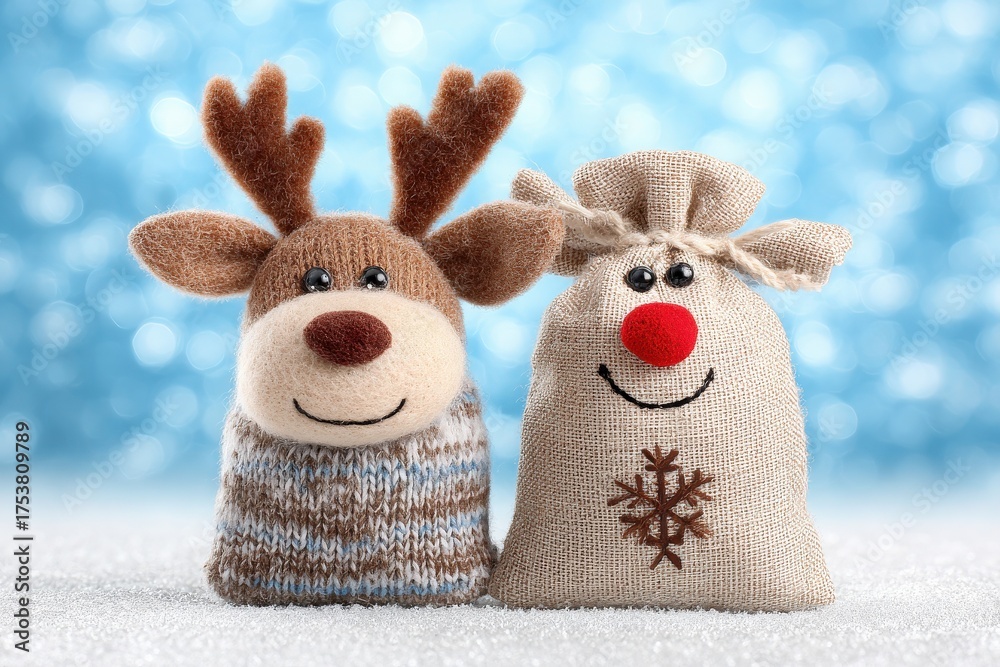 A charming reindeer character made from fabric stands next to a festive sack with a snowflake design. This cozy scene captures a joyful holiday spirit, perfect for celebrating winter festivities.