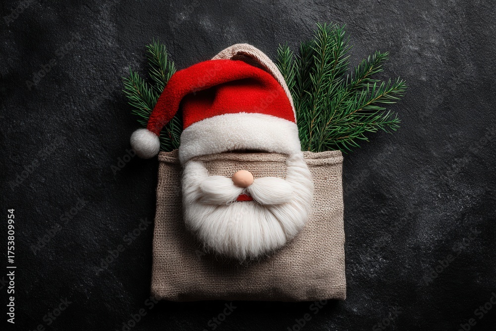 A burlap bag displays a smiling Santa face with a fluffy white beard and red hat. Sprigs of green foliage peek from behind, creating a festive atmosphere perfect for holiday cheer.