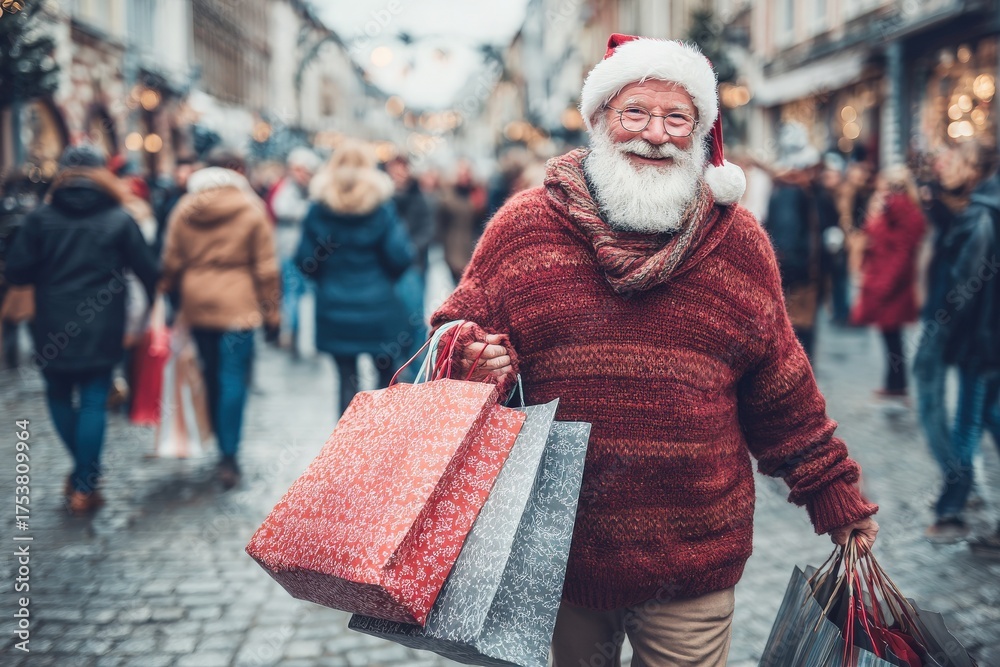 A cheerful man wearing a Santa hat and a cozy sweater walks through a busy holiday market. He smiles while holding several colorful shopping bags as people browse the festive stalls around him.