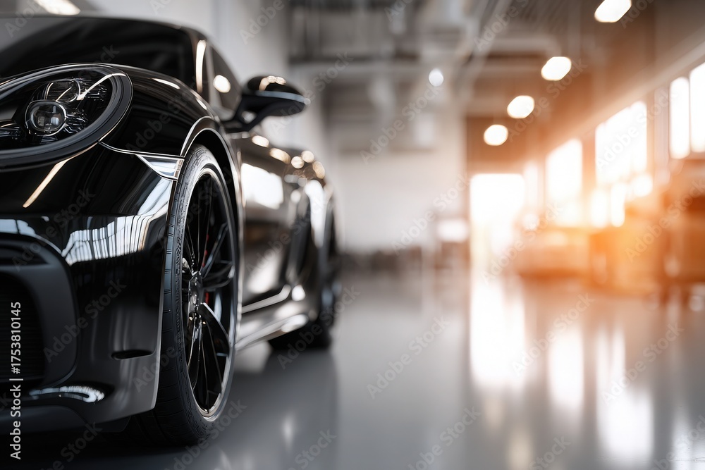 A sleek black sports car rests in a stylish garage, showcasing its shiny curves. Warm light from large windows adds a sophisticated touch to the contemporary space, emphasizing the cars design.