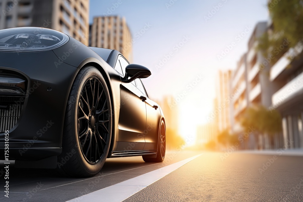A sleek black sports car is positioned on a bustling city street as the sun sets in the background. Tall buildings line the street, creating an urban atmosphere filled with warm light.