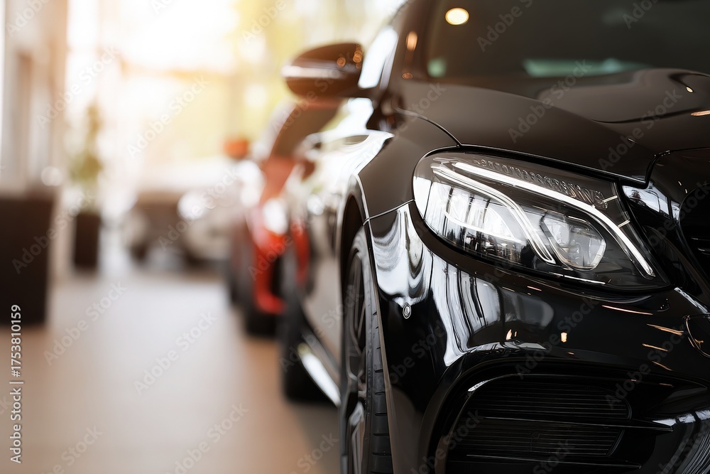 A sleek black car stands prominently in the foreground of a contemporary auto showroom. Soft lighting reflects off its shiny surface, showcasing its elegant design.