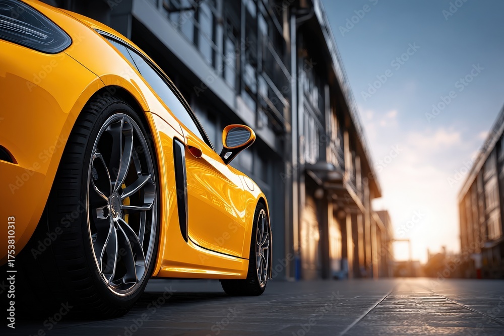 A vibrant yellow sports car is parked on a street in an urban area. The sun sets in the background, casting a warm glow on surrounding buildings, creating a striking contrast with the cars color.