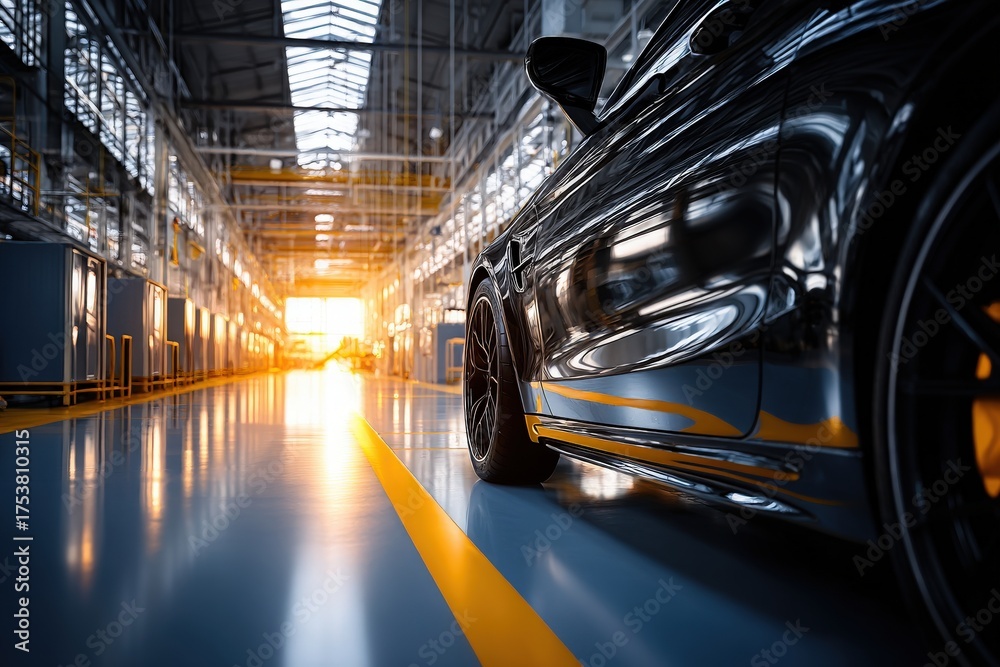 A sleek black sports car is positioned in an industrial garage as sunlight streams through the large windows.