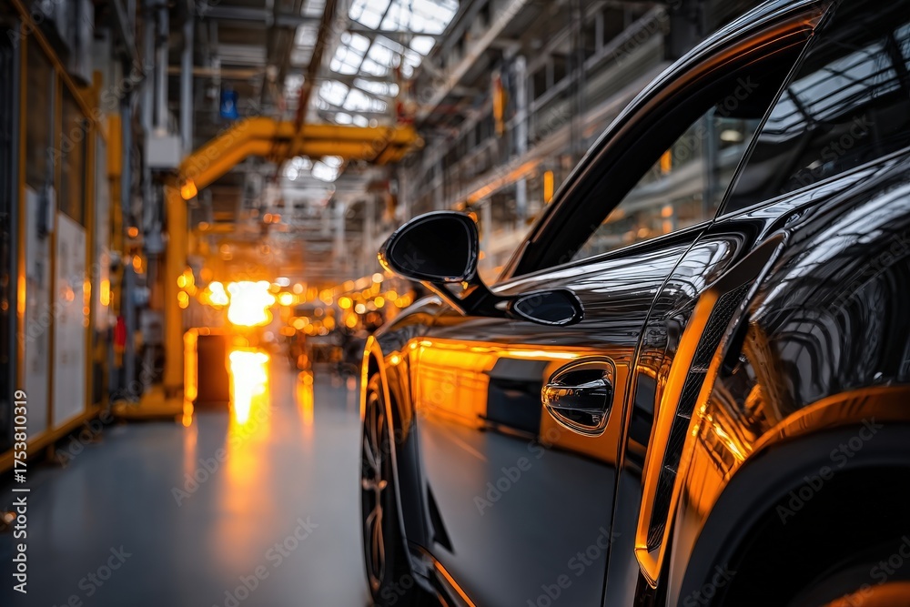 A sleek black sports car is showcased in a high-tech factory. Warm sunset light casts reflections on its surface, creating a striking contrast with the industrial background.
