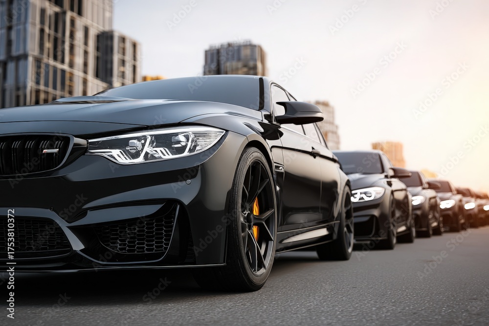 Several sleek black luxury cars are parked in a row on an urban street. The setting sun casts a warm glow on the modern buildings in the background, enhancing the stylish appearance of the vehicles.