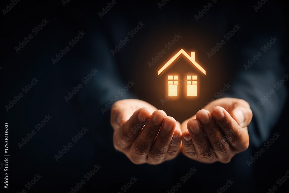 Two hands gently cradle a glowing house symbol, representing the concept of home and security. The background is dark, emphasizing the light and focus on the house icon.